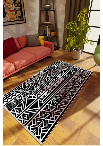 Modern Siyah Dijital Baskı Halı Kaydırmaz Ince Yıkanabilir