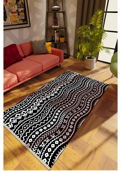 Modern Siyah Dijital Baskı Halı Kaydırmaz Ince Yıkanabilir