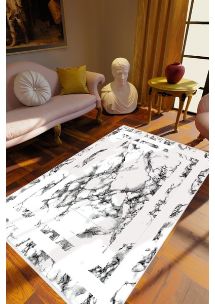 Salon Halısı Eskitme Modern Mermer Gri Beyaz Kaydırmaz Yıkanabilir Ince Halı Tüysüz Kilim