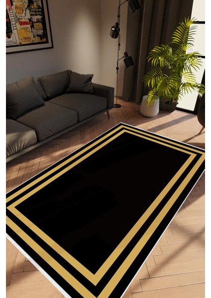 Salon Halısı Modern Çizgili Kahverengi Siyah Gold Kaydırmaz Kesme Yıkanabilir Ince Halı Tüysüz Kilim