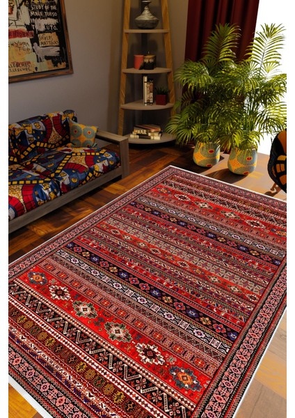 Salon Halısı Kilim Desenli Otantik Eskitme Bordo Kaydırmaz Kesme Yıkanabilir Ince Halı Tüysüz Kilim