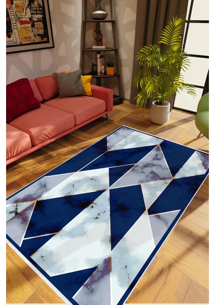 Salon Halısı Modern Geometrik Mermer Lacivert Gri Mavi Kaydırmaz Yıkanabilir Ince Halı Tüysüz Kilim