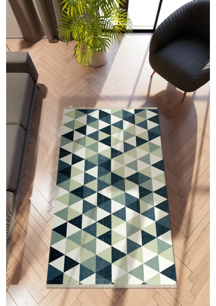 Modern Geometrik Mavi Dijital Baskı Halı Kaydırmaz Ince Yıkanabilir