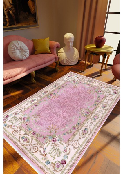 Salon Halısı Figürlü Çiçekli Pembe Mor Krem Kaydırmaz Kesme Yıkanabilir Ince Halı Tüysüz Kilim