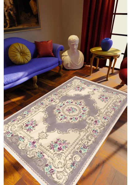 Salon Halısı Figürlü Çiçekli Bej Mor Ekru Turkuaz Kaydırmaz Kesme Yıkanabilir Ince Halı Tüysüz Kilim