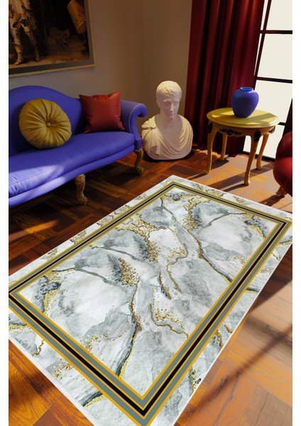 Salon Halısı Eskitme Geometrik Mermer Altın Beyaz Gri Kahverengi Kaydırmaz Yıkanabilir Ince Halı