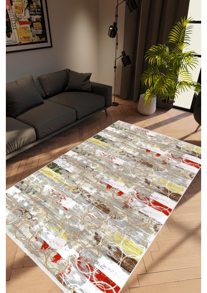 Salon Halısı Modern Geometrik Gri Yeşil Kırmızı Sarı Kaydırmaz Yıkanabilir Ince Halı Tüysüz Kilim