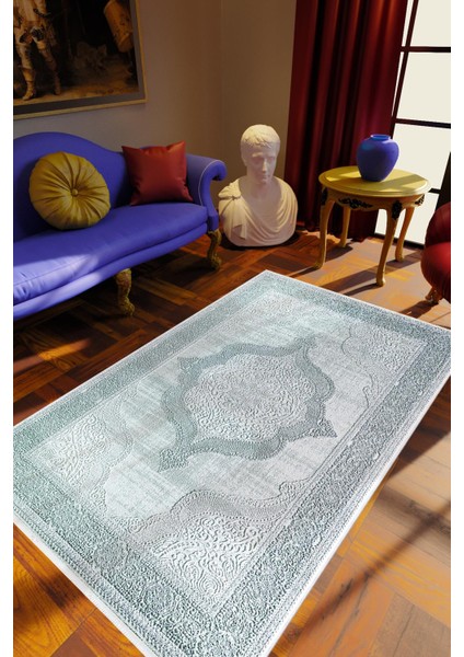 Salon Halısı Klasik Mavi Kaydırmaz Kesme Yıkanabilir Ince Halı Tüysüz Kilim