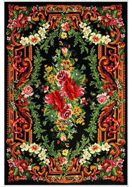 Salon Halısı Çiçekli Siyah Turuncu Kırmızı Kaydırmaz Yıkanabilir Ince Halı Tüysüz Kilim fiyatları