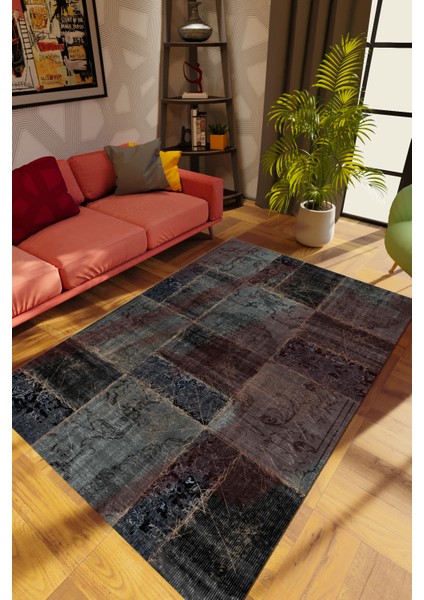 Modern Patchwork Gri Dijital Baskı Halı Kaydırmaz Ince Yıkanabilir