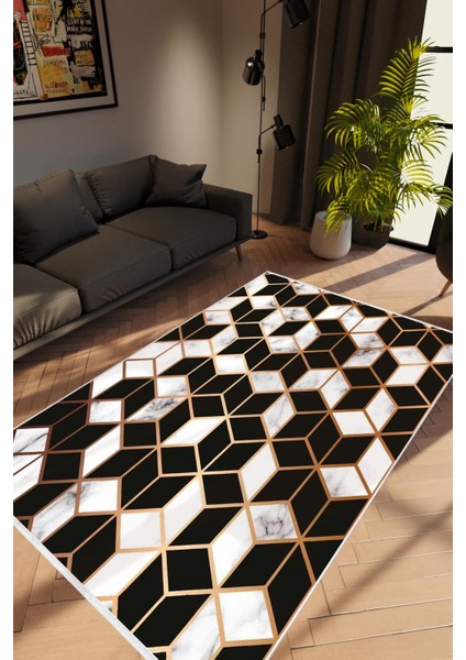 Salon Halısı Modern Geometrik Altın Beyaz Siyah Kaydırmaz Kesme Yıkanabilir Ince Halı Tüysüz Kilim