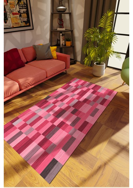 Modern Patchwork Pembe Dijital Baskı Halı Kaydırmaz Ince Yıkanabilir