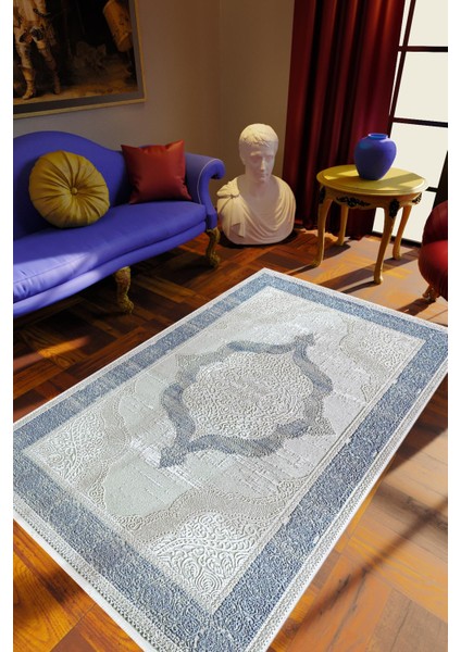 Salon Halısı Klasik Mavi Kaydırmaz Kesme Yıkanabilir Ince Halı Tüysüz Kilim