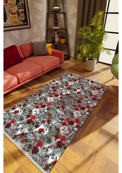 Modern Çiçekli Gri Dijital Baskı Halı Kaydırmaz Ince Yıkanabilir