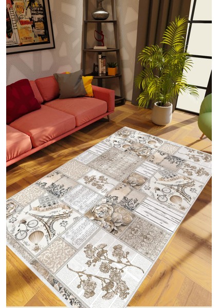 Salon Halısı Figürlü Çiçekli Country Desenli Gri Kaydırmaz Kesme Yıkanabilir Ince Halı Tüysüz Kilim