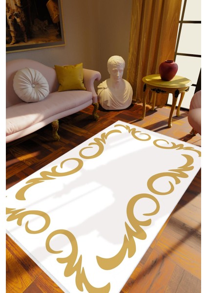 Salon Halısı Eskitme Klasik Altın Gold Turuncu Sarı Kaydırmaz Yıkanabilir Ince Halı Tüysüz Kilim