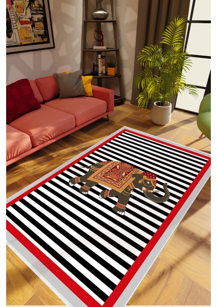 Salon Halısı Çizgili Fil Bordo Siyah Beyaz Kırmızı Kaydırmaz Yıkanabilir Ince Halı Tüysüz Kilim