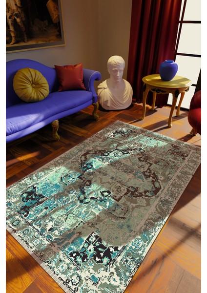 Klasik Eskitme Yeşil Dijital Baskı Halı Kaydırmaz Ince Yıkanabilir