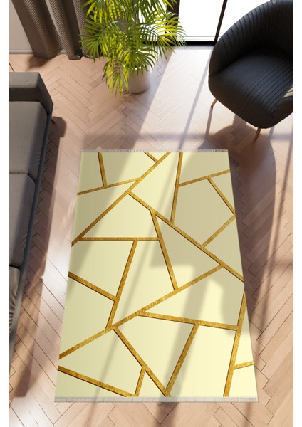 Modern Geometrik Krem Dijital Baskı Halı Kaydırmaz Ince Yıkanabilir
