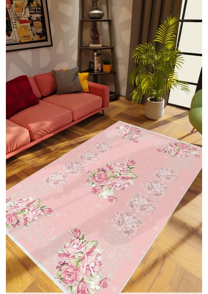 Salon Halısı Figürlü Çiçekli Pembe Kaydırmaz Kesme Yıkanabilir Ince Halı Tüysüz Kilim