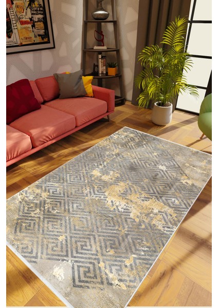 Salon Halısı Doku Eskitme Haki Vizon Kaydırmaz Kesme Yıkanabilir Ince Halı Tüysüz Kilim