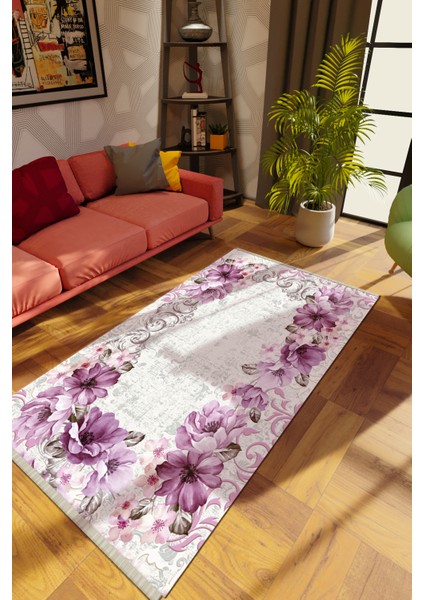 Modern Çiçekli Gri Dijital Baskı Halı Kaydırmaz Ince Yıkanabilir