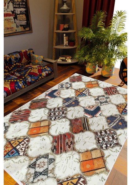 Salon Halısı Otantik Eskitme Patchwork Turuncu Kaydırmaz Kesme Yıkanabilir Ince Halı Tüysüz Kilim