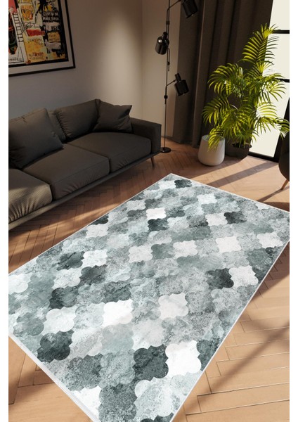 Salon Halısı Modern Geometrik Gümüş Gri Antrasit Kaydırmaz Kesme Yıkanabilir Ince Halı Tüysüz Kilim