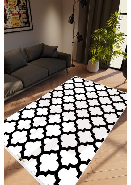 Salon Halısı Modern Geometrik Fas Beyaz Siyah Kaydırmaz Yıkanabilir Ince Halı Tüysüz Kilim