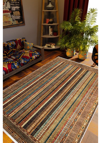 Salon Halısı Kilim Otantik Eskitme Kahverengi Kaydırmaz Yıkanabilir Ince Halı Tüysüz Kilim