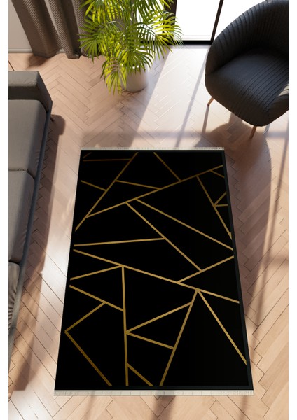 Modern Geometrik Siyah Dijital Baskı Halı Kaydırmaz Ince Yıkanabilir