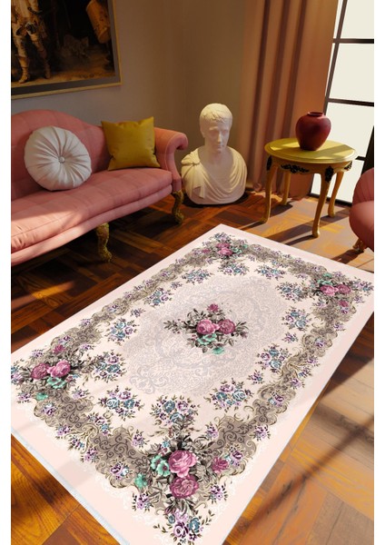 Salon Halısı Figürlü Çiçekli Gül Desenli Pembe Kaydırmaz Kesme Yıkanabilir Ince Halı Tüysüz Kilim