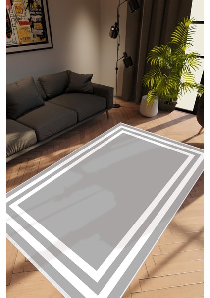 Salon Halısı Modern Çizgili Gri Beyaz Kaydırmaz Kesme Yıkanabilir Ince Halı Tüysüz Kilim