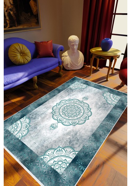 Salon Halısı Klasik Mavi Kaydırmaz Kesme Yıkanabilir Ince Halı Tüysüz Kilim