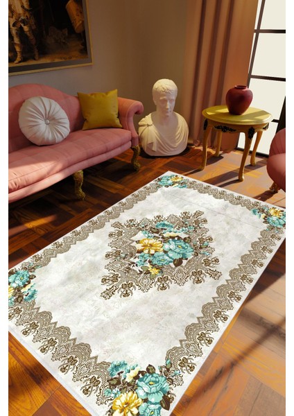 Salon Halısı Çiçekli Gül Kahverengi Gri Mavi Kaydırmaz Yıkanabilir Ince Halı Tüysüz Kilim