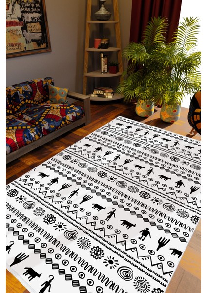 Salon Halısı Otantik Eskitme Beyaz Kaydırmaz Kesme Yıkanabilir Ince Halı Tüysüz Kilim
