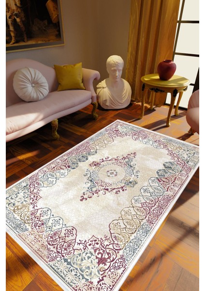 Salon Halısı Klasik Pembe Kaydırmaz Kesme Yıkanabilir Ince Halı Tüysüz Kilim