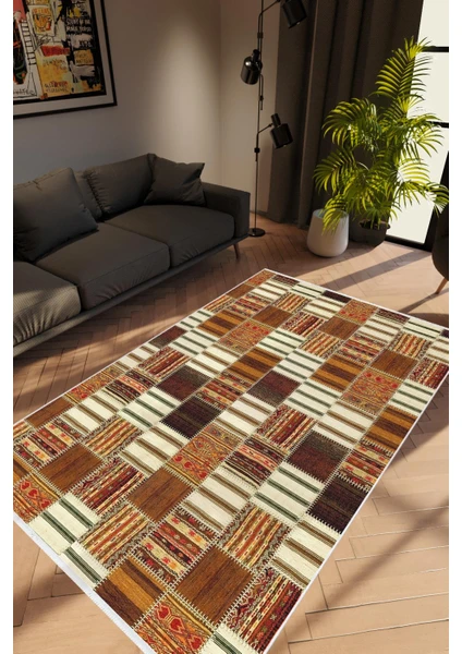 Salon Halısı Modern Patchwork Kahverengi Ekru Kaydırmaz Kesme Yıkanabilir Ince Halı Tüysüz Kilim