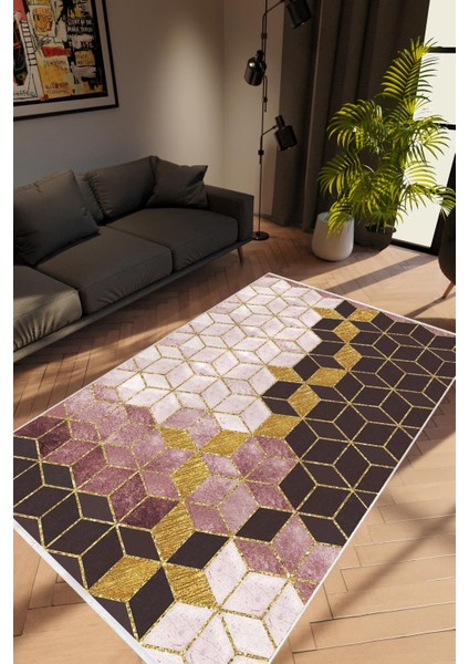 Salon Halısı Modern Geometrik Altın Ekru Mor Kaydırmaz Kesme Yıkanabilir Ince Halı Tüysüz Kilim
