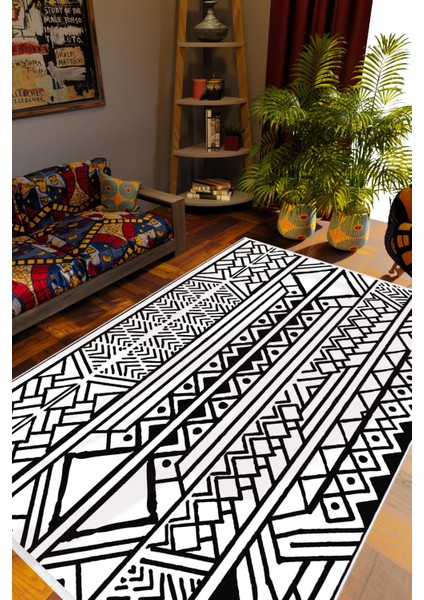 Salon Halısı Otantik Eskitme Beyaz Siyah Kaydırmaz Kesme Yıkanabilir Ince Halı Tüysüz Kilim