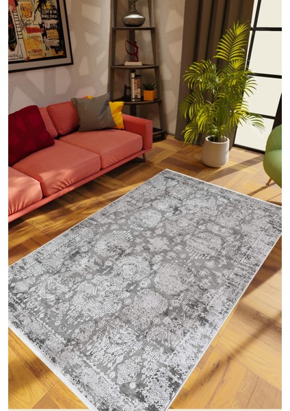 Salon Halısı Otantik Eskitme Gri Kaydırmaz Kesme Yıkanabilir Ince Halı Tüysüz Kilim