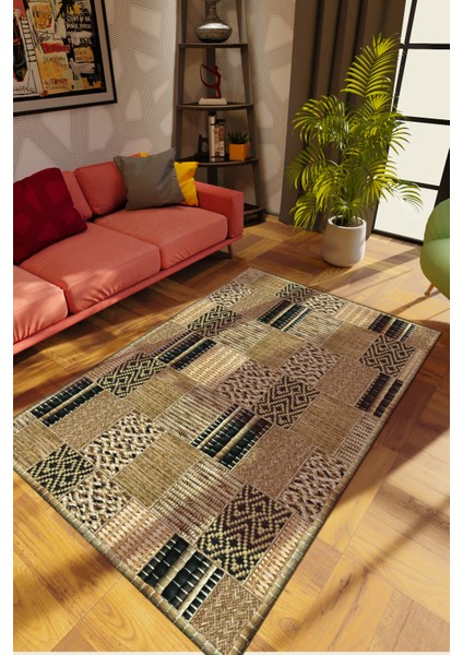 Modern Patchwork Kahverengi Dijital Baskı Halı Kaydırmaz Ince Yıkanabilir