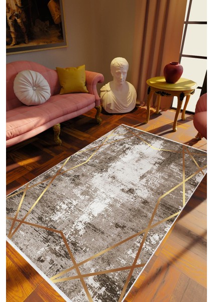 Salon Halısı Eskitme Geometrik Altın Vizon Kaydırmaz Kesme Yıkanabilir Ince Halı Tüysüz Kilim