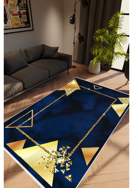 Salon Halısı Modern Geometrik Altın Lacivert Sarı Kaydırmaz Kesme Yıkanabilir Ince Halı Tüysüz Kilim