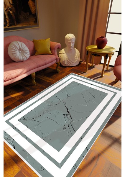 Salon Halısı Eskitme Modern Çerçeve Mermer Gri Krem Kaydırmaz Yıkanabilir Ince Halı Tüysüz Kilim