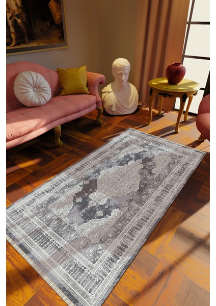 Klasik Gri Dijital Baskı Halı Kaydırmaz Ince Yıkanabilir