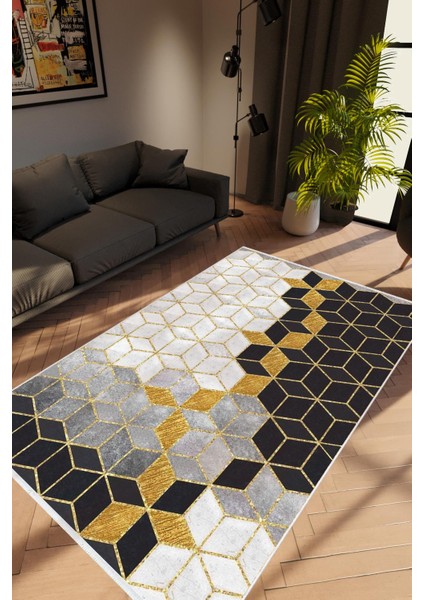 Salon Halısı Modern Geometrik Altın Kaydırmaz Kesme Yıkanabilir Ince Halı Tüysüz Kilim