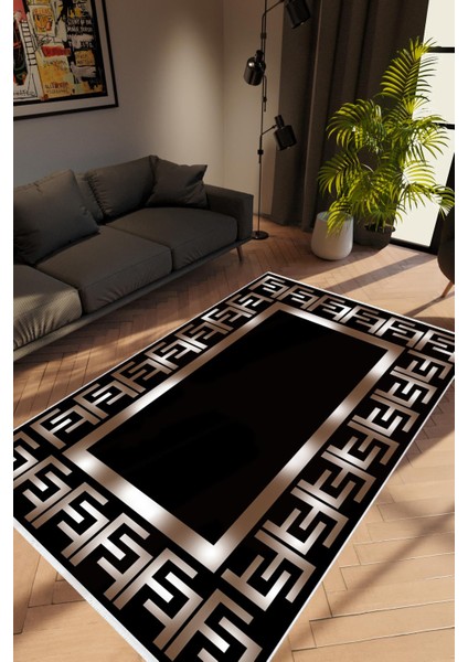 Salon Halısı Modern Klasik Metalik Siyah Gold Kaydırmaz Kesme Yıkanabilir Ince Halı Tüysüz Kilim
