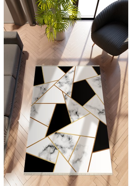 Modern Geometrik Siyah Dijital Baskı Halı Kaydırmaz Ince Yıkanabilir