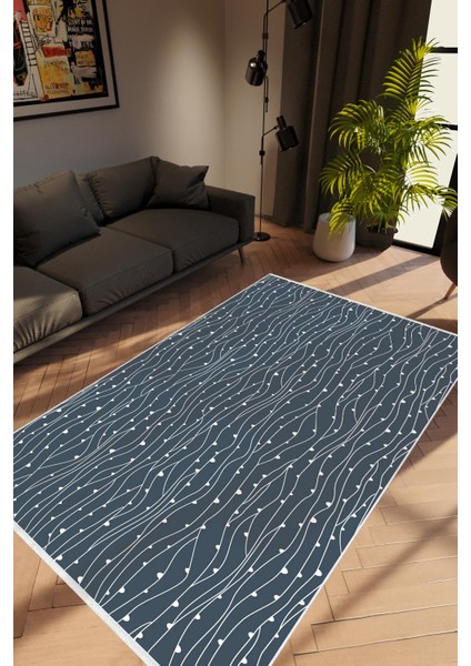 Modern Geometrik Lacivert Anstrasit Beyaz Kaydırmaz Kesme Yıkanabilir Ince Halı
